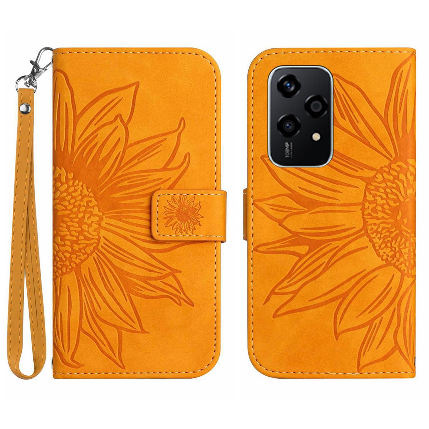 

HT04 For Honor 200 Lite Case PU Leather Cell Phone Cover with Hand Strap Imprinted Sunflower Printed Yellow