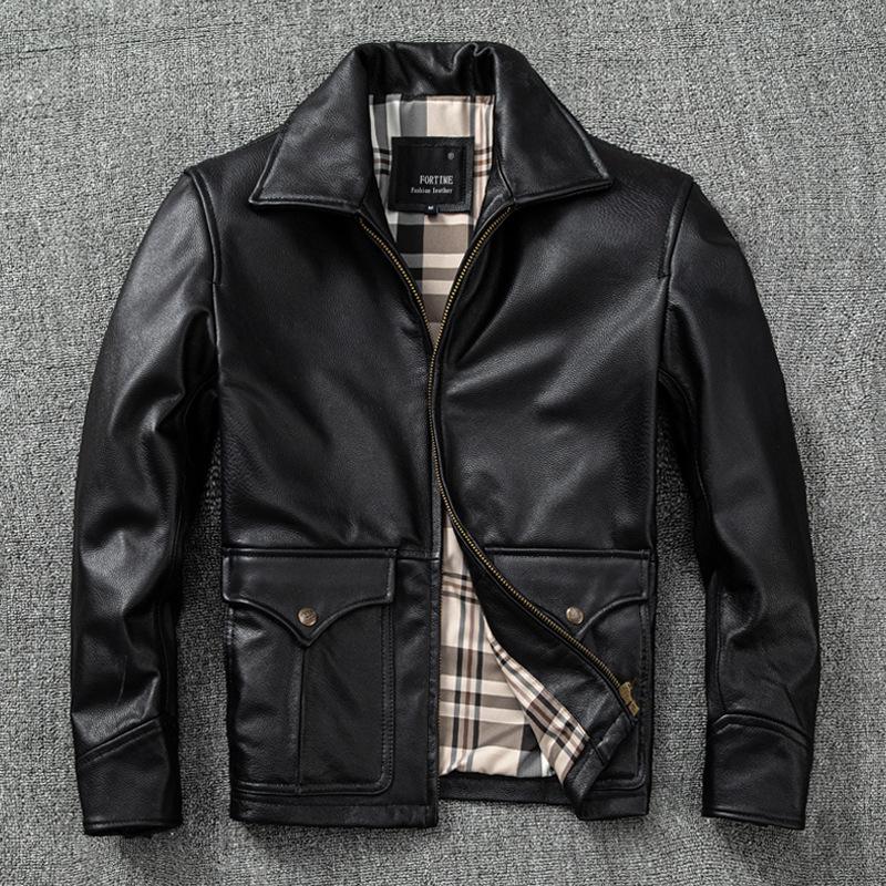 

Куртка из натуральной кожи для мужчин, приталенная кожаная куртка, красивая лацканная куртка большого размера, стиль весна-осень 5XL чёрный