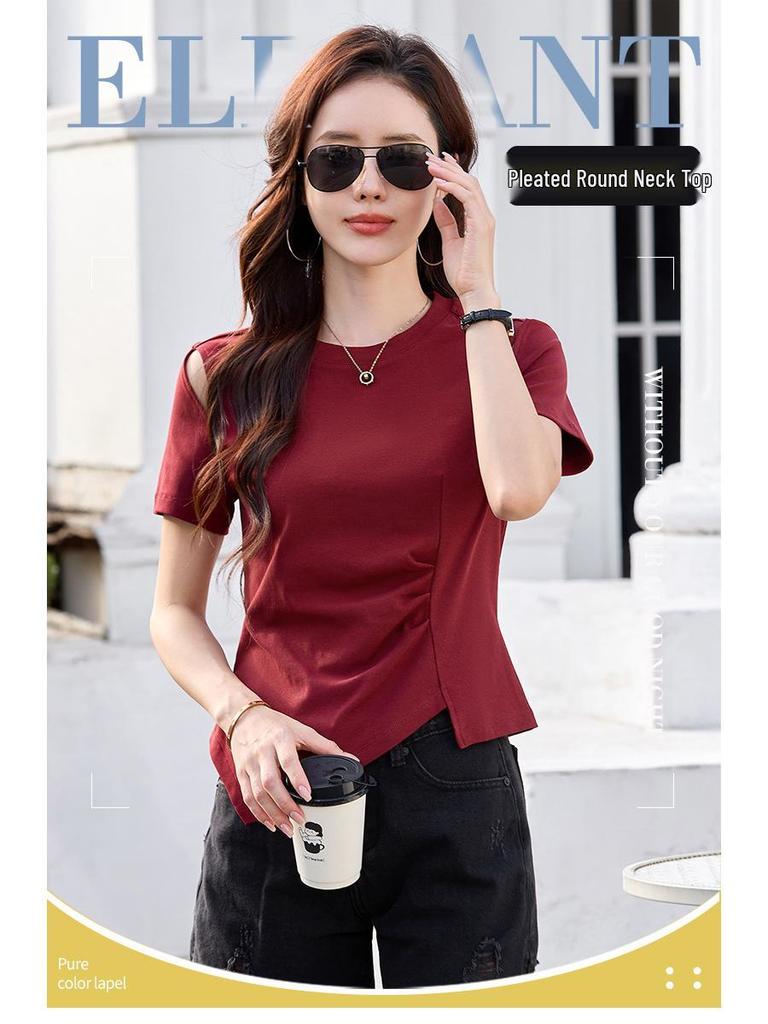 Niche Irregular Hem Shoulder-Baring Women's Short-Sleeve T-Shirt - 2025 Summer Trend