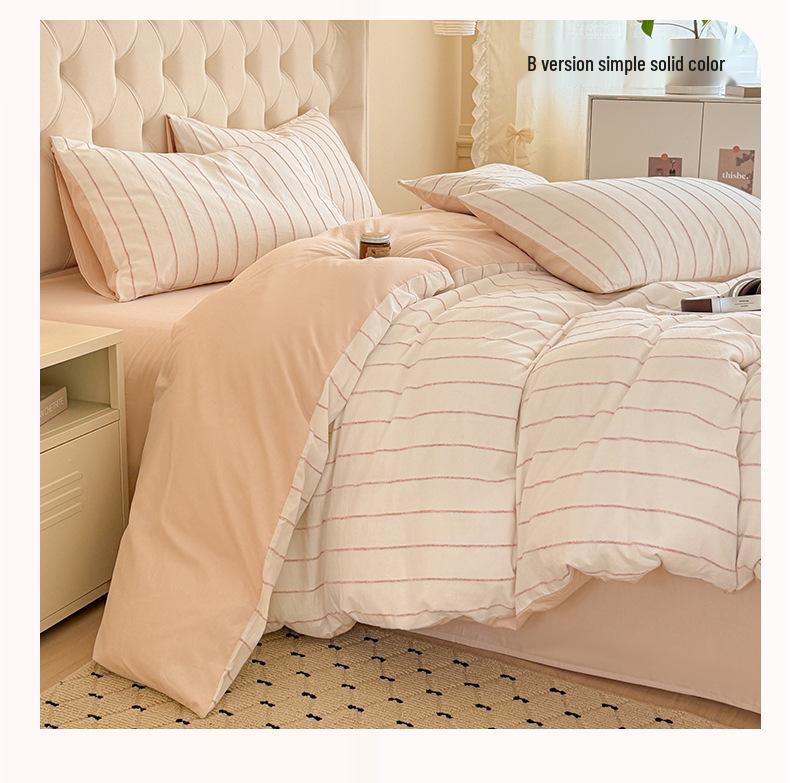 All-Cotton Chenille Jacquard 4-Piece Set: Striped Duvet Cover, Bed Sheet, Fitted Sheet - Simple Washed Cotton Design