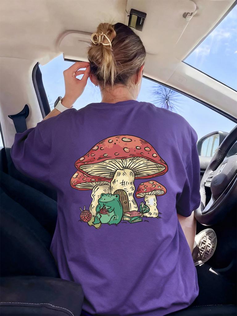 Frog Under Mushroom Printing TShirt Womens Basics Loose T Shirts ONeck Soft Short Sleeve Tops Summer Comfortable Woman Clothes