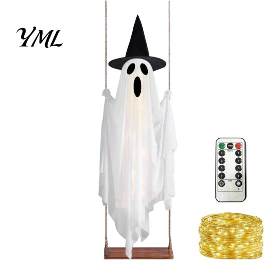 Dekoratives Gespenst für Veranda Leuchtende Halloween Hängeschaukel mit Hexenhut, Fernbedienung Einstellbare Gruselige Ornamente Helligkeit,