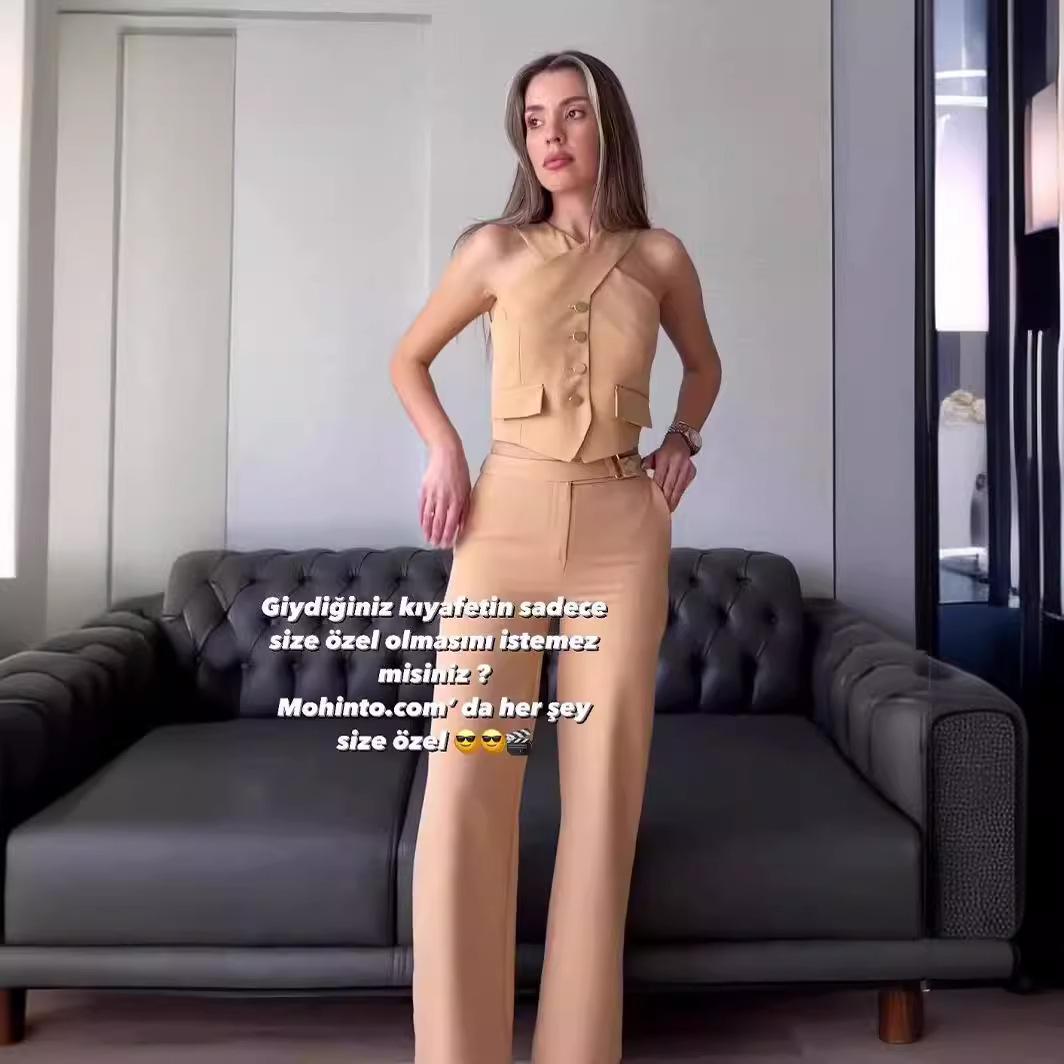 

2024 Европейский и американский однотонный кроп-топ без рукавов и комплект брюк прямого кроя с высокой талией S верблюд