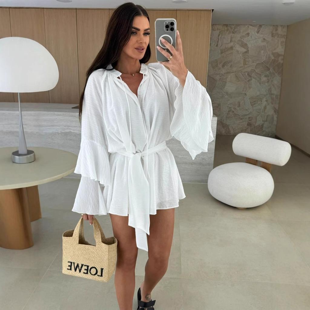 Spring Summer Ruffle Loose Mini Dress Casual Flare Sleeve Holiday Dresses Sexy Deep V Lace Up Solid Color Women's Dress Vestidos