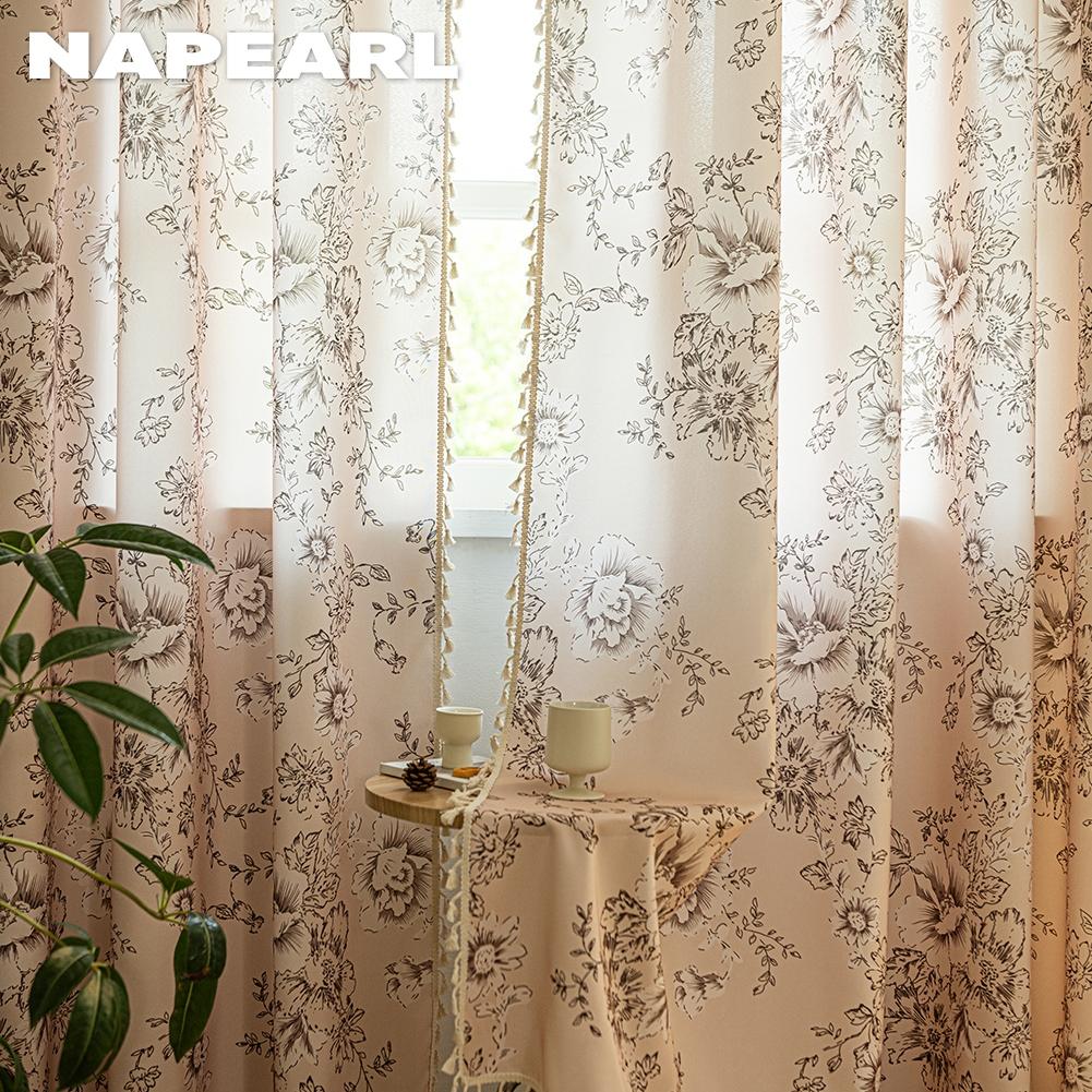 1PC NAPEARL French Retro Gentle Printed Curtains with Tassel Edge Semi Transparent Curtains for Bedroom Living Room Window Home Decor