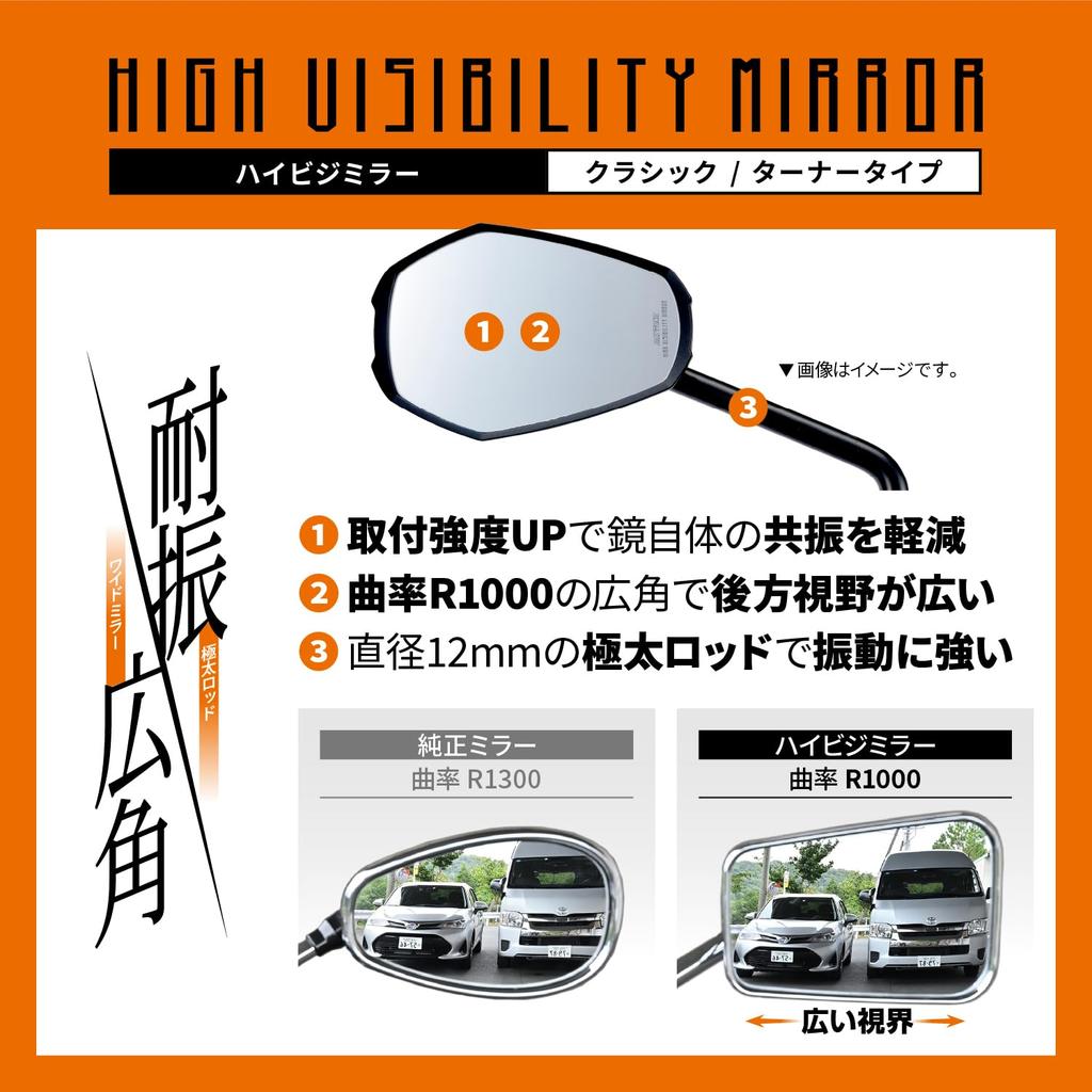 Daytona Motorcycle Mirror, 10mm Standard Thread, Vibration Resistant, Wide Angle, Complies with New Safety Standards, High-Visibility Mirror, Turner T