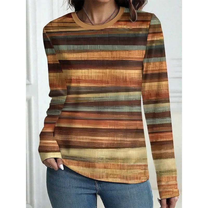 Women's new fashion casual round neck striped printed long-sleeved T-shirt