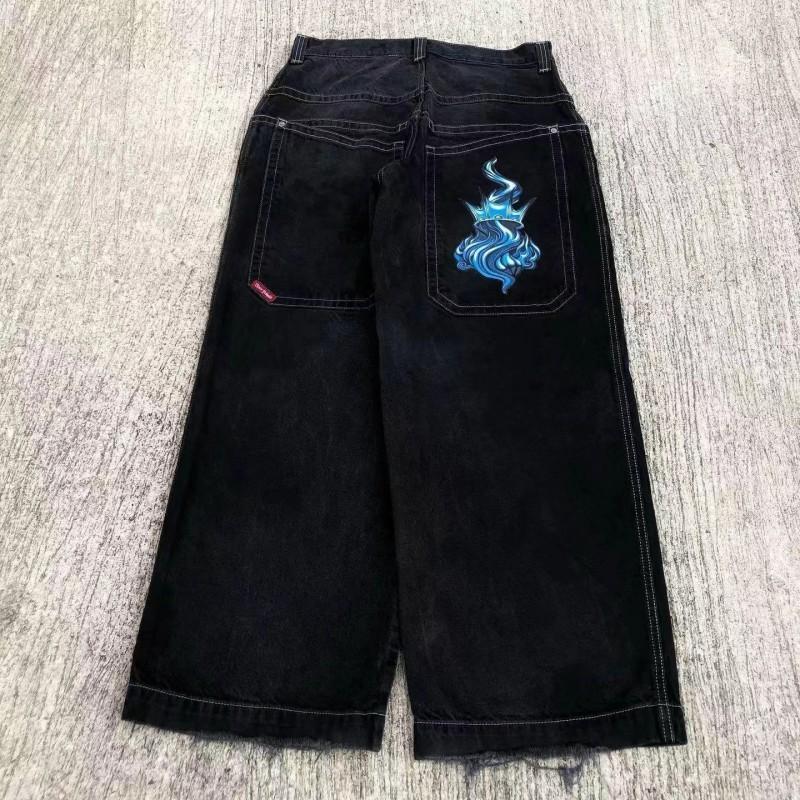 Mens Relaxed Fit Straight Leg Denim Pants With Vintage Embroidery Print Hip Hop Streetwear Harajuku Style