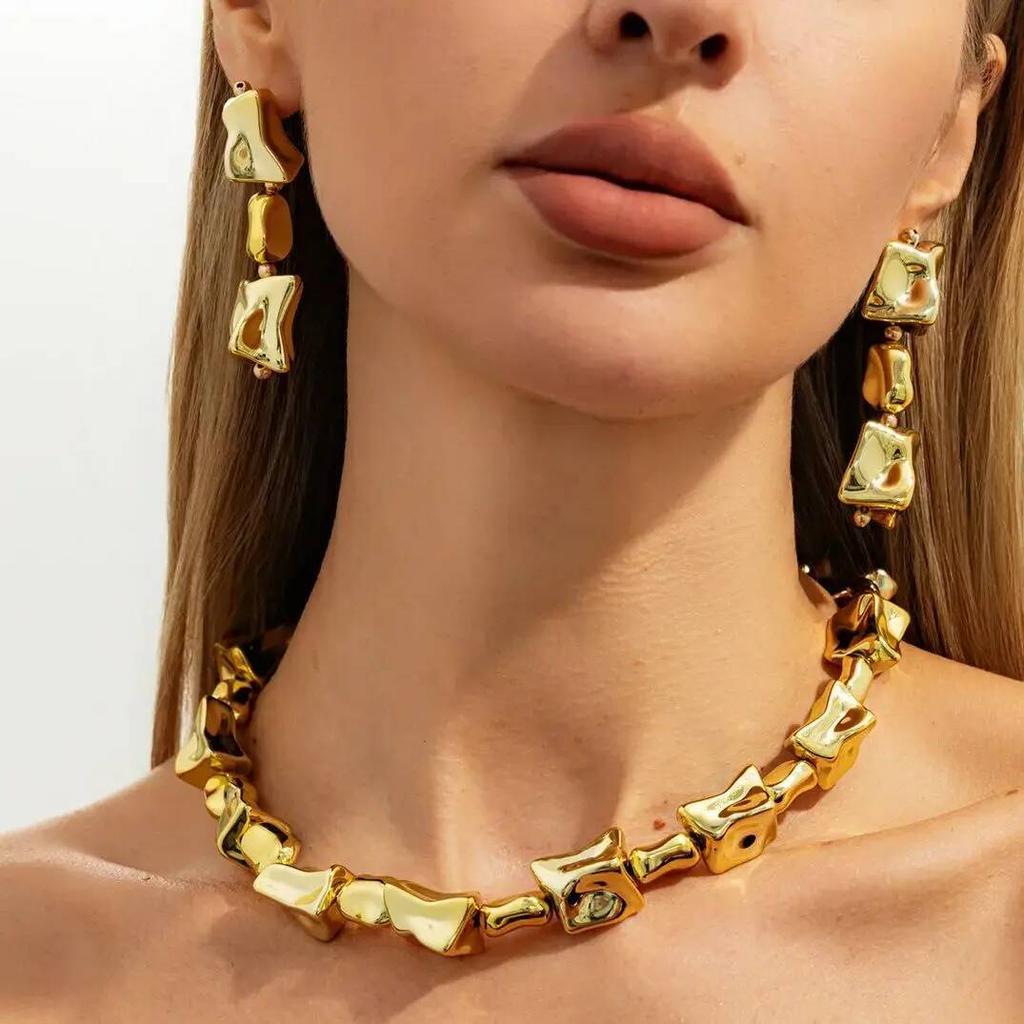 Salircon Vintage Chunky Necklace Irregular Geometric CCB Necklace Drop Earrings Jewelry Women Fashion Accessory Party Daily Wear