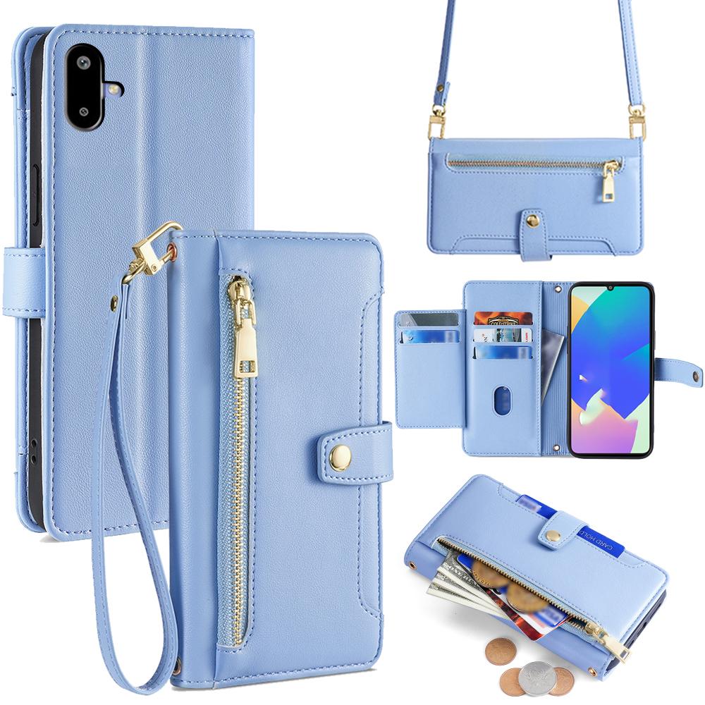 For Samsung Galaxy F06 5G Leather Case Zipper Pocket Wallet Phone Cover with 2 Straps