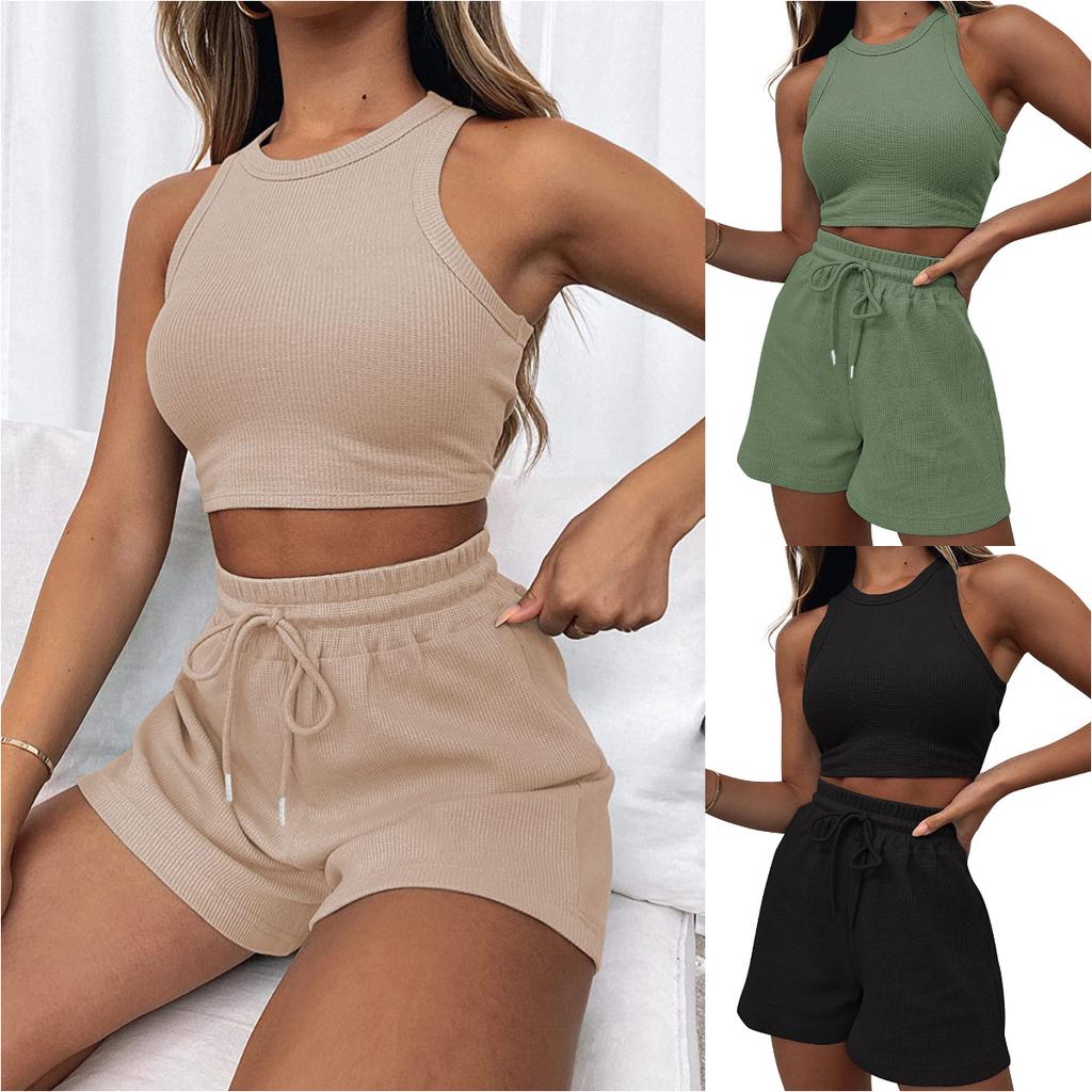 2026 New Summer Sleeveless Waffle Knit 2-Piece Set Women's Solid Color Vest Casual Short Outfit Breathable Comfortable Lounge Wear