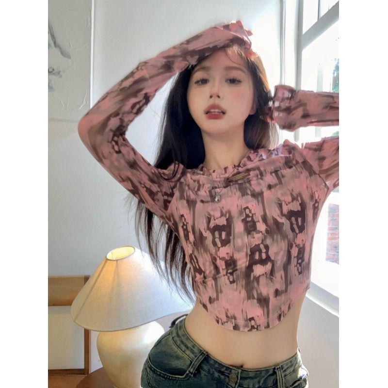 Women's Retro Chic Long Sleeve Irregular Print T-Shirt - Spring Design, Sweet & Spicy Hong Kong Style Top.