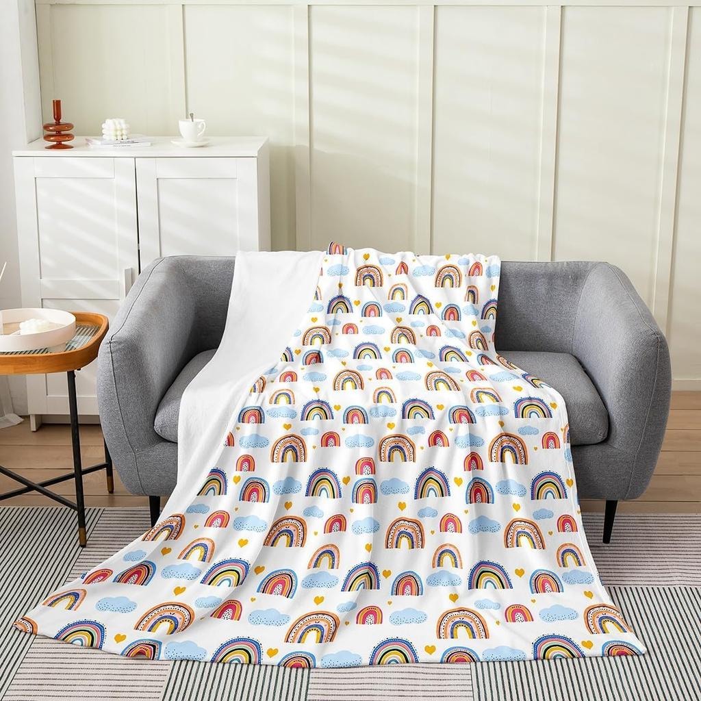 Pretty Rainbow Fleece Throw Blanket Cute Cloud and Love Hearts Flannel Blanket Plush Fuzzy Colorful Stripes for Bed Cou