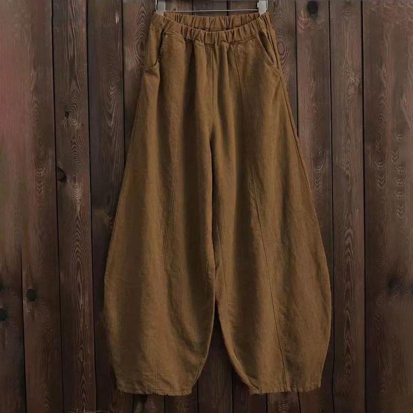 Spring Summer Cotton Linen Style Bloomers Wide Leg Pants Women Vintage Full Length Elegent Pants Solid Elasitic Waist