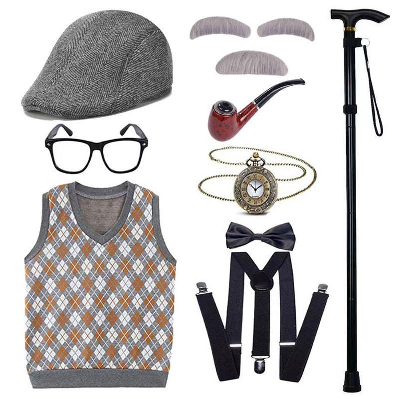 Disfraz de abuelo premium con peluca, chaleco elegante y accesorios para niños y adultos.