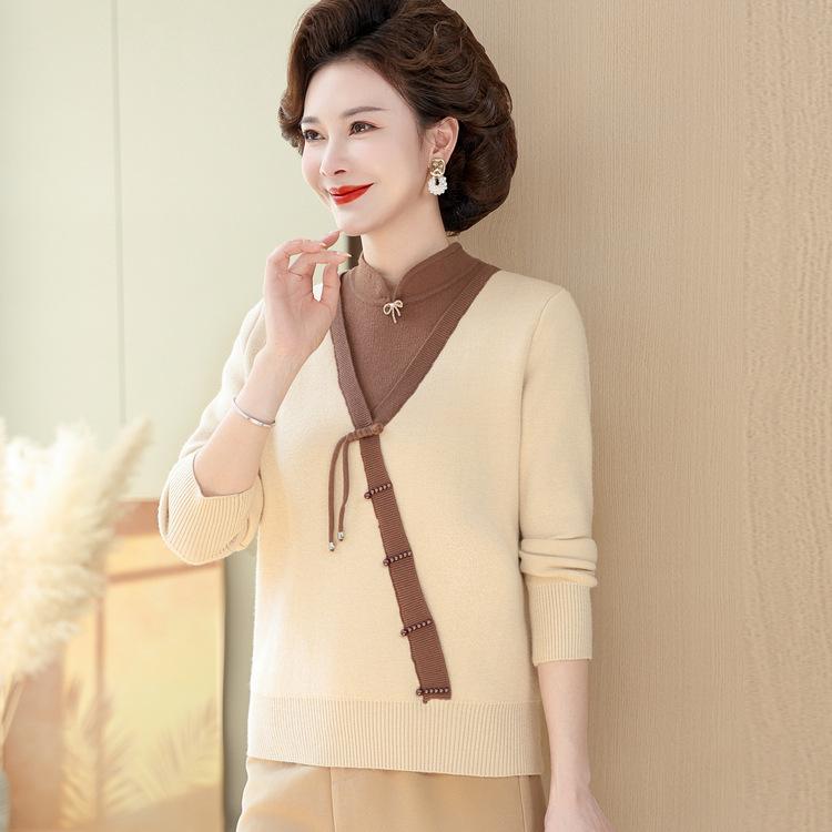 Mom's Autumn and Winter Chinese Style Fake Two-piece Sweater Integrated Velvet Knitted Base Shirt New Women's Plush Thick Top