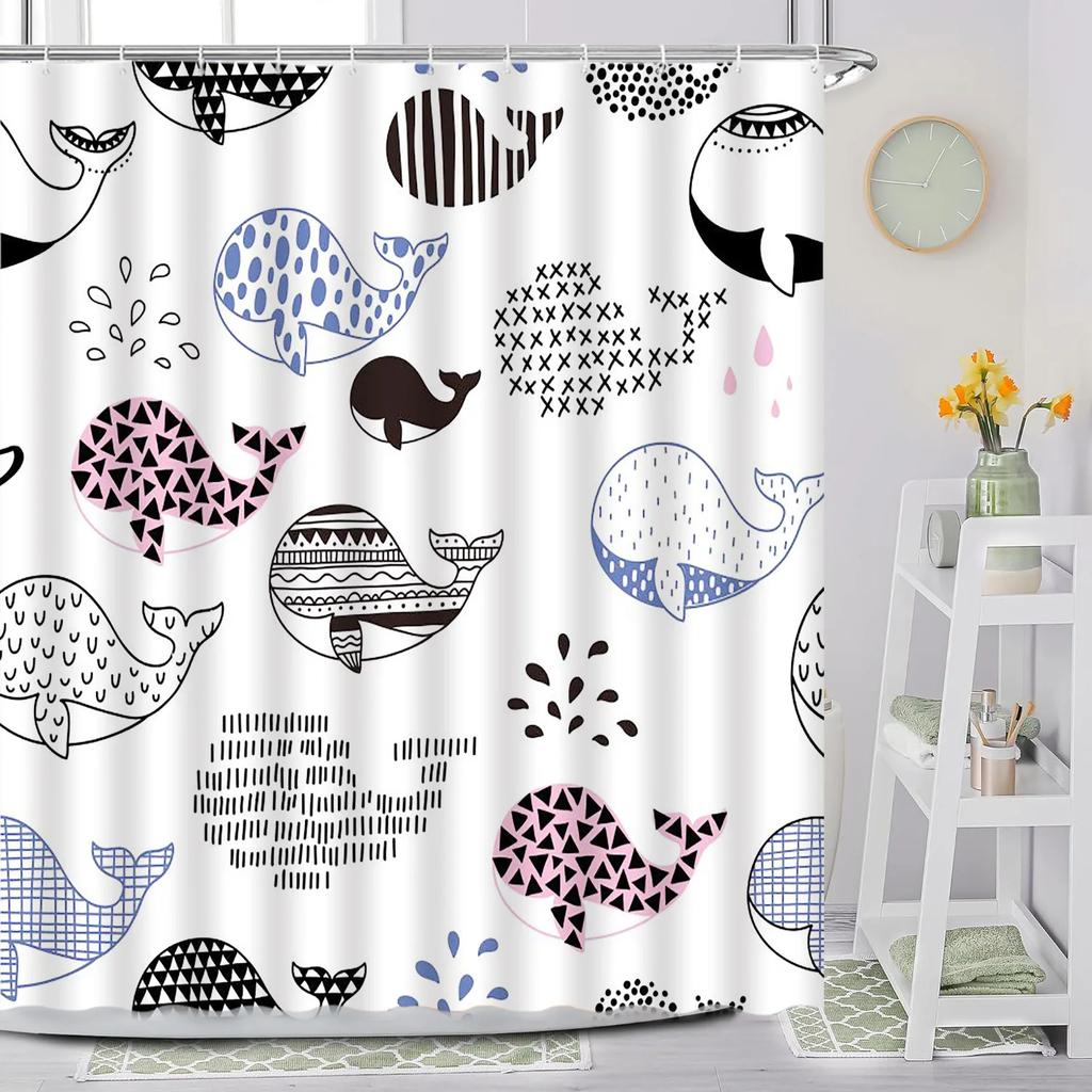 Lustiger Fisch Duschvorhang, Cartoon Ozean Handgemalt Blau Kinder Niedliches Tier Wal Druck Stoff Badezimmer Dekoration mit Haken