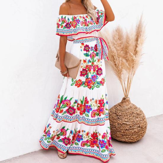 Women Dress Floral Print Off Shoulder Temperament Strapless Slim-fitting Sundress for Party