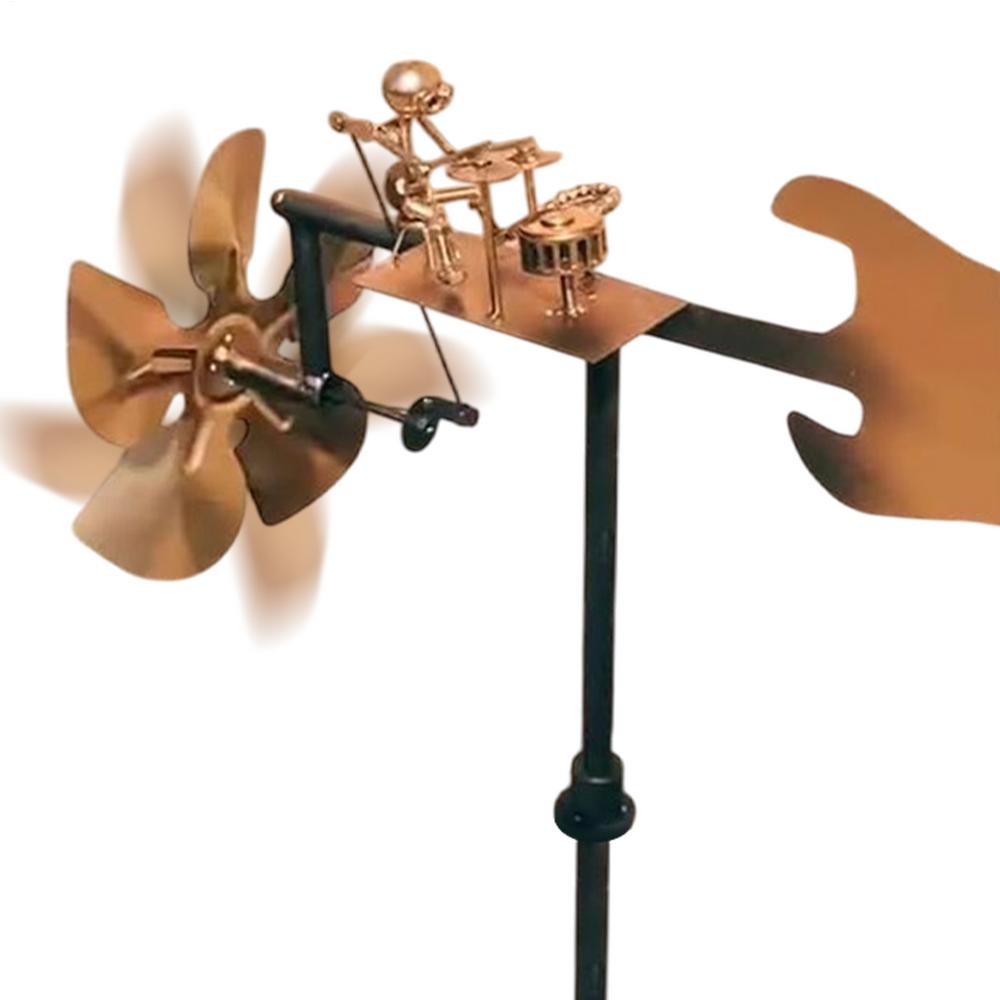 Mulino a vento in metallo fatto a mano con batterista, Statuette e statue di musicisti percussionisti, Scultura cinetica alimentata dal vento, Girandole a vento per decorazione da cortile, prato, giardino