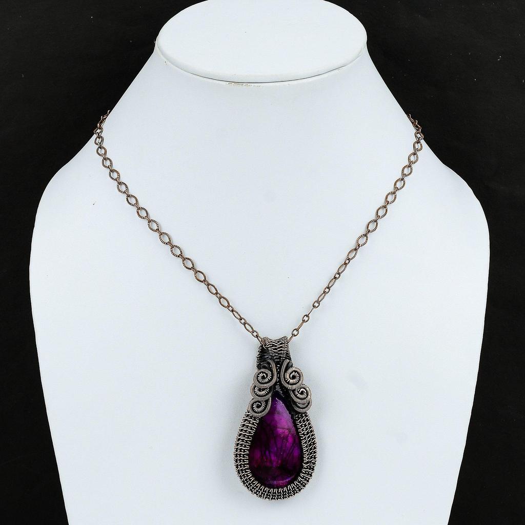 Lila Feuer Labradorit Anhänger Kupferdraht umwickelter Anhänger Handgefertigter Anhänger Kupferdraht umwickelter Schmuckanhänger Zum Verschenken Echter Edelsteinanhänger