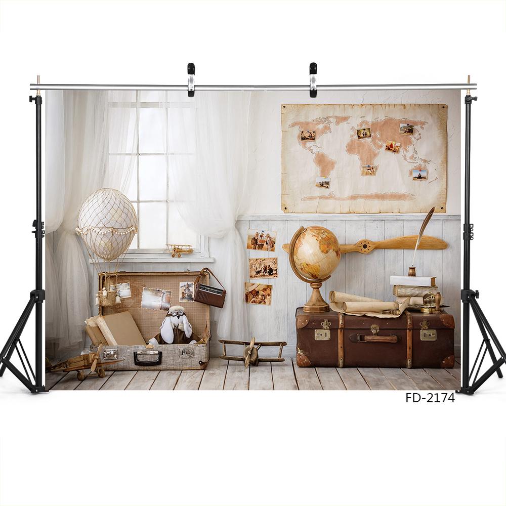Plane Suitcase Map Travel Birthday Decor Baby Shower Vinyl Cloth Photo Backgrounds Photography Backdrops Photocall Photo Studio