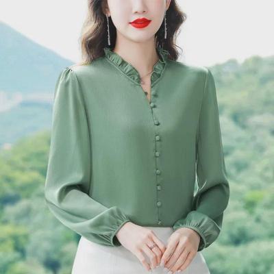 Damesblouse met lange mouwen van moerbeizijde - 2024 Lente/Herfst Modieuze Temperament Top