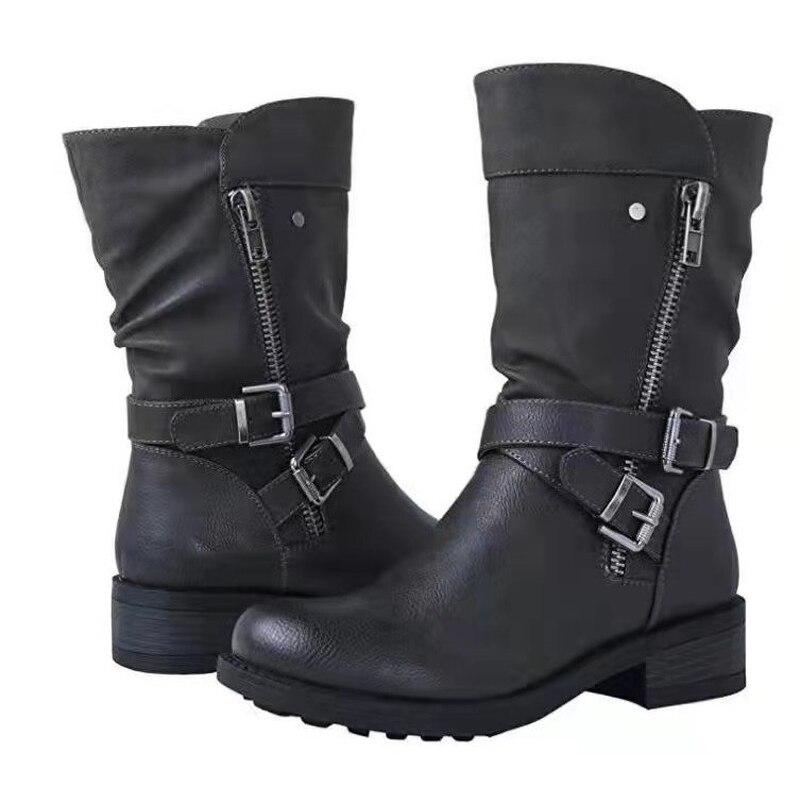 Autumn Winter Mid Calf Boots Women Retro Zipper Women 'S Shoes Fashion Leather Water Proof Belt Buckle Casual Martin Boots