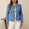 Women's Round Neck Long Puff Sleeve Denim Jacket Regular Fit Sweet Solid Color Cropped Blazer For Spring Daily Casual Outfit
