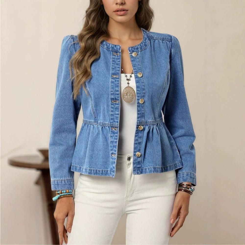 Women's Round Neck Long Puff Sleeve Denim Jacket Regular Fit Sweet Solid Color Cropped Blazer For Spring Daily Casual Outfit
