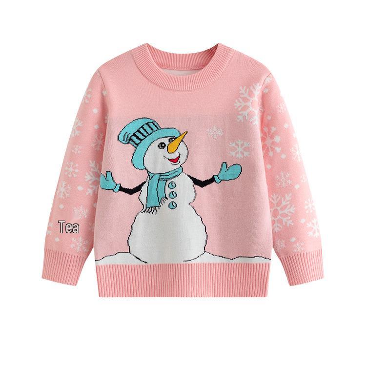 Girls' Double-Layer Snowman Jacquard Knit Pullover - Long-Sleeved Christmas Sweater for Autumn and Winter