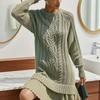 Winter Long Sleeve Twist Knitted Sweater Dress Woman O Neck Ruffle Chiffon Pleated Dresses Fall Solid Warm A-Line Pullover Dress