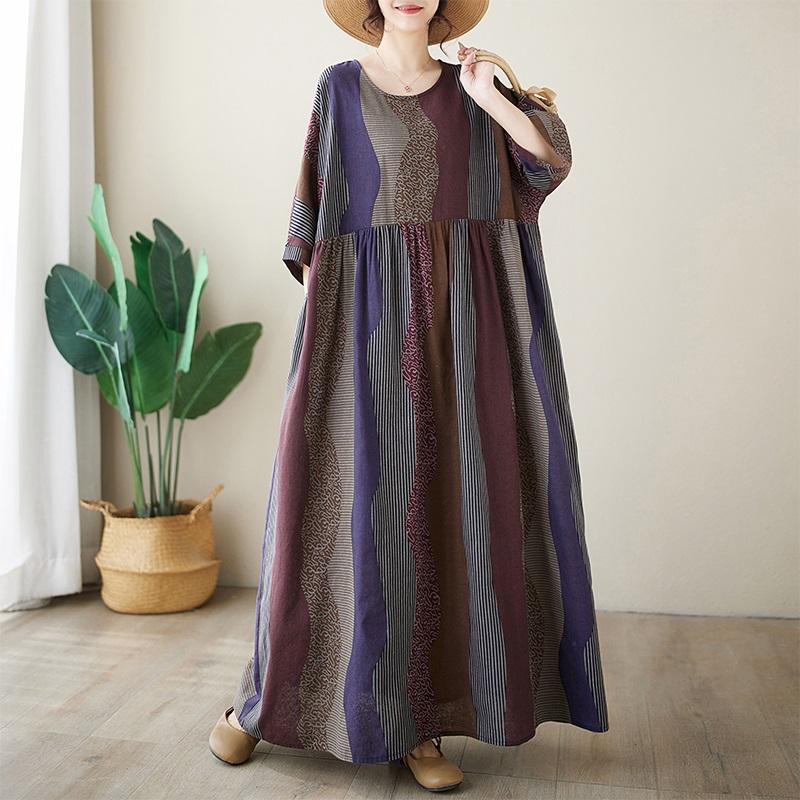 

Новое хлопковое винтажное платье в полоску с коротким рукавом больших размеров для женщин, повседневное свободное длинное летнее платье