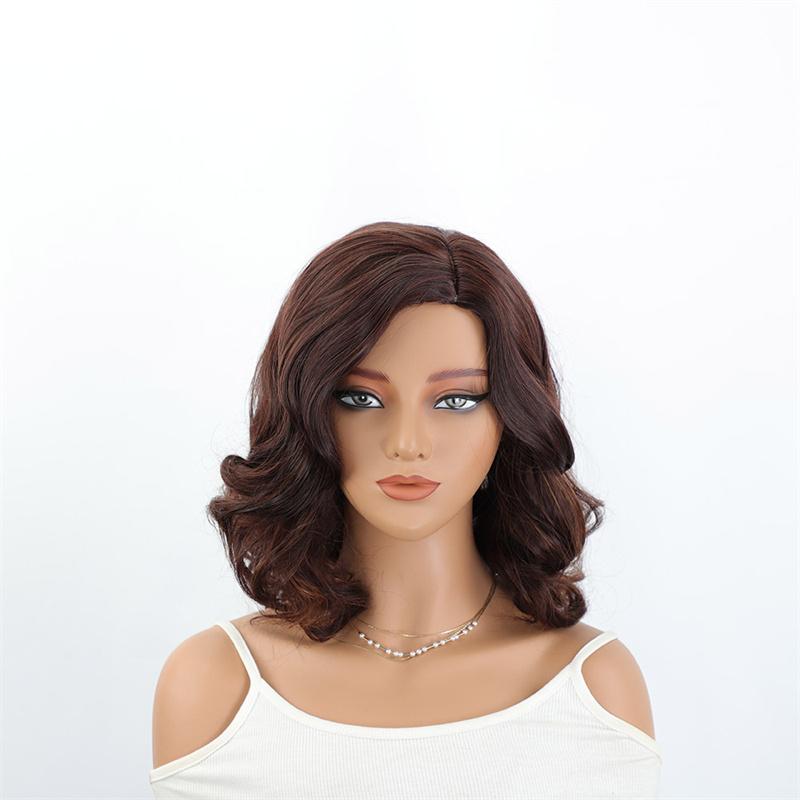 Synthetic Elegant Short Curly Wave Hair Brown Bob Wig Side Parting Wig for Women Natural Fluffy Daily Cosplay Party Use