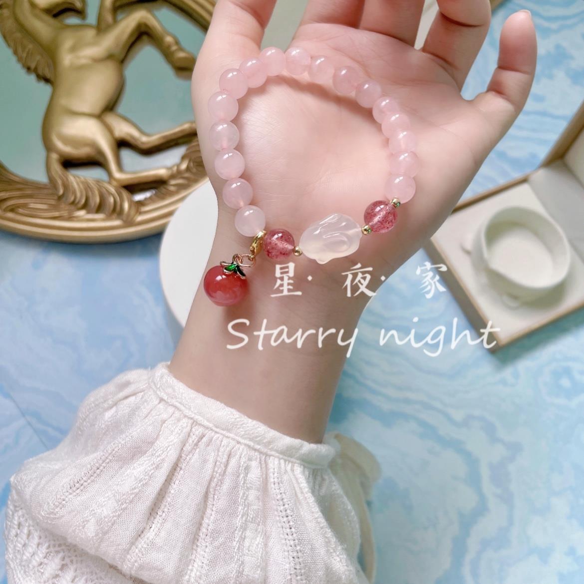 Best-selling cute lychee jelly bunny bracelet Pink Quartz, Agate, Peach, Yellow Rutilated Quartz Cute Bracelet Lychee jelly bunny pink c