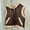 Winter Chic Vintage Leather Lamb Wool Waistcoat Women New Design Thick Hoodied Retro Coat Aesthetic Casual Street Fashion Jacket