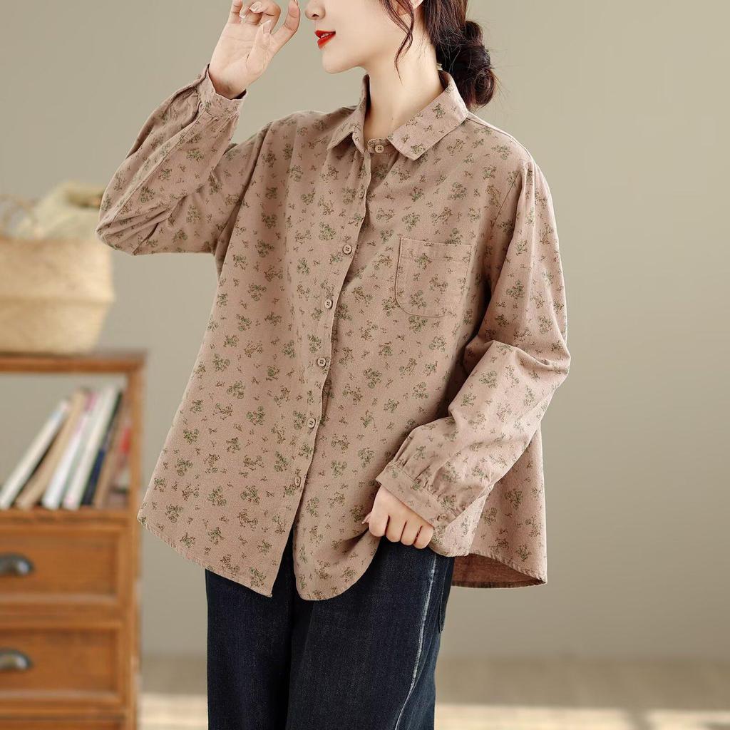 Women's Long Sleeve Retro Floral Cotton Shirt - Loose Fit, Slimming Temperament, Thickened Base Layer