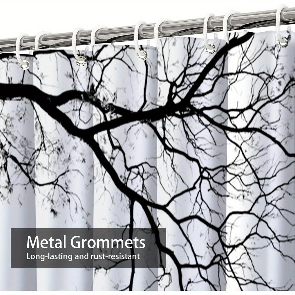Abstract Tree Branch Shower Curtain - Black & White Artistic Design, 72"X72", Includes 12 Hooks, Fall/Winter Decor