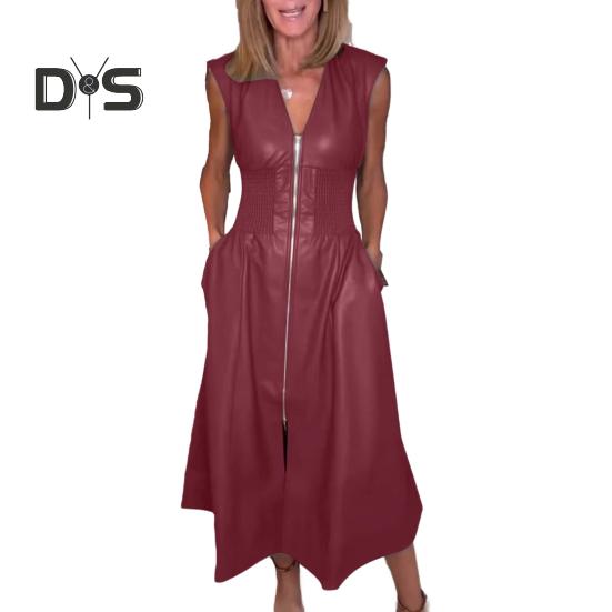 

Женское длинное платье из искусственной кожи с застежкой-молнией спереди, V-образным вырезом, без рукавов, со сборками и высокой талией, плиссированное платье для вечеринок в ночном клубе 2XL вино красного