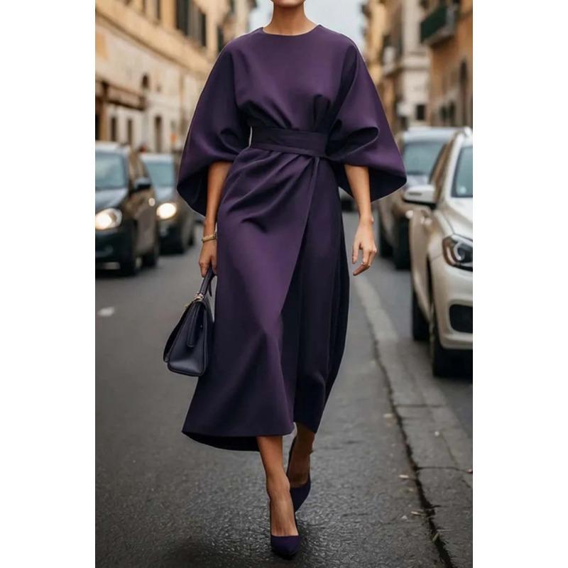 VEZFAA Women's Fashion Spring Fall Solid Color Print 3/4 Sleeves O-Neck High Waist Casual Dresses