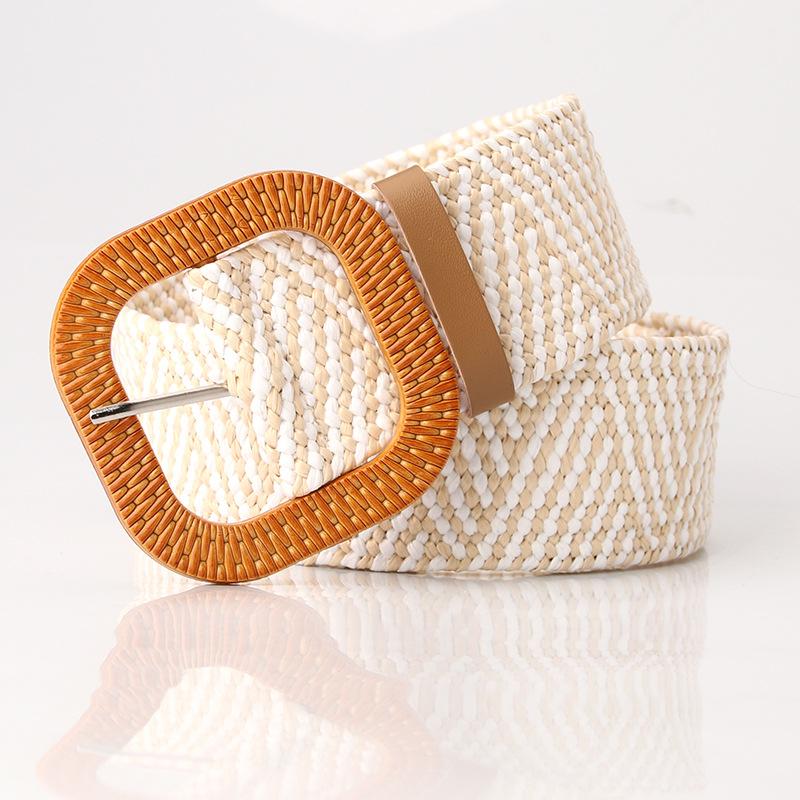 Wide, Simple and Versatile Straw-woven Round-buckle Belt, Forest Girl Tie Cotton and Linen Elastic Woven Elastic Dress and Dress Decorative Belt