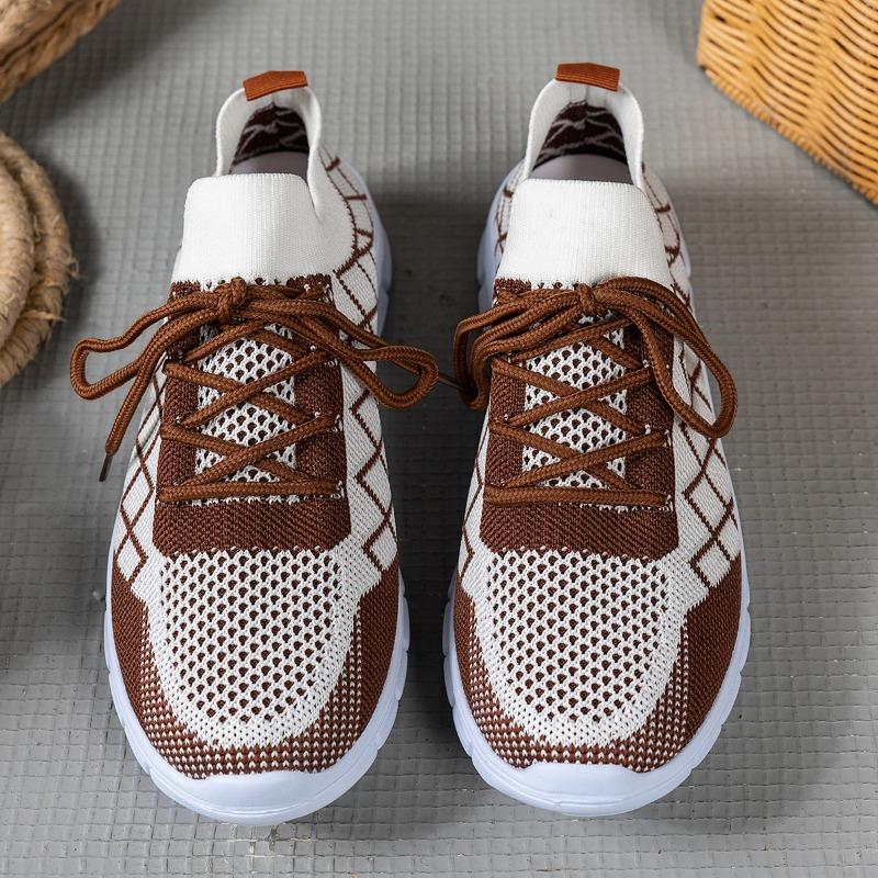 Women's Breathable Knit Lace-Up Casual Sports Shoes, Thick-Soled Trendy Footwear, Available In Large Sizes.