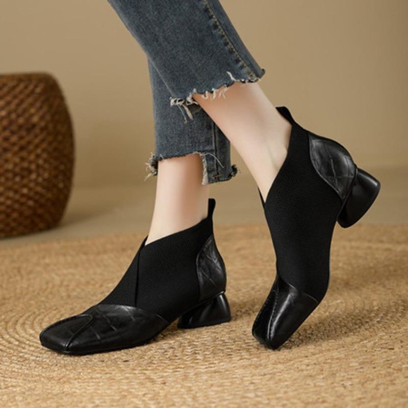 Französische Deep Mouth Einzelne Schuhe Damen Frühling und Herbst Eckige Zehen Kätzchenabsatz Blockabsatz Stretch Stiefeletten