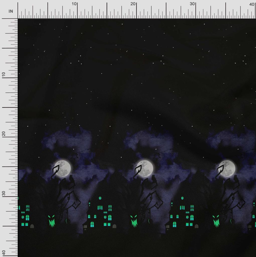 Soimoi Japan Crepe Satin Fabric Tree|Moon & Haunted House Panel Printed Craft Fabric by the Metre 42 Inch