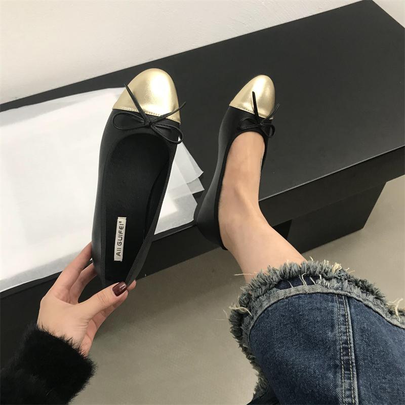 Fashion Women's Fashion Flat Shoes Spring New Round Head Shallow Mouth Splicing Butterfly Knot Soft Sole Non-slip Single Shoes