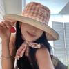 Sweet Plaid Strappy Bucket Hat Korean Version Ins Big Brim Sun Hat Children Fresh and Versatile Double-sided Can Be Worn