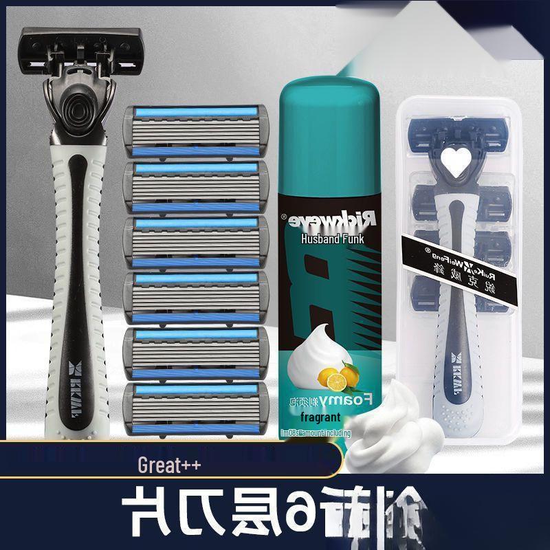 Six-Blade Manual Shaving Razor for Men with Old-Fashioned Design and Razor Holder