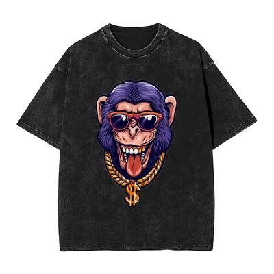 Funny Hip-hop Monkey Washed T-shirt Men Rich Y2K Retro Cotton T-shirts Summer Round Neck Tee Shirt DIY Big Size Tops