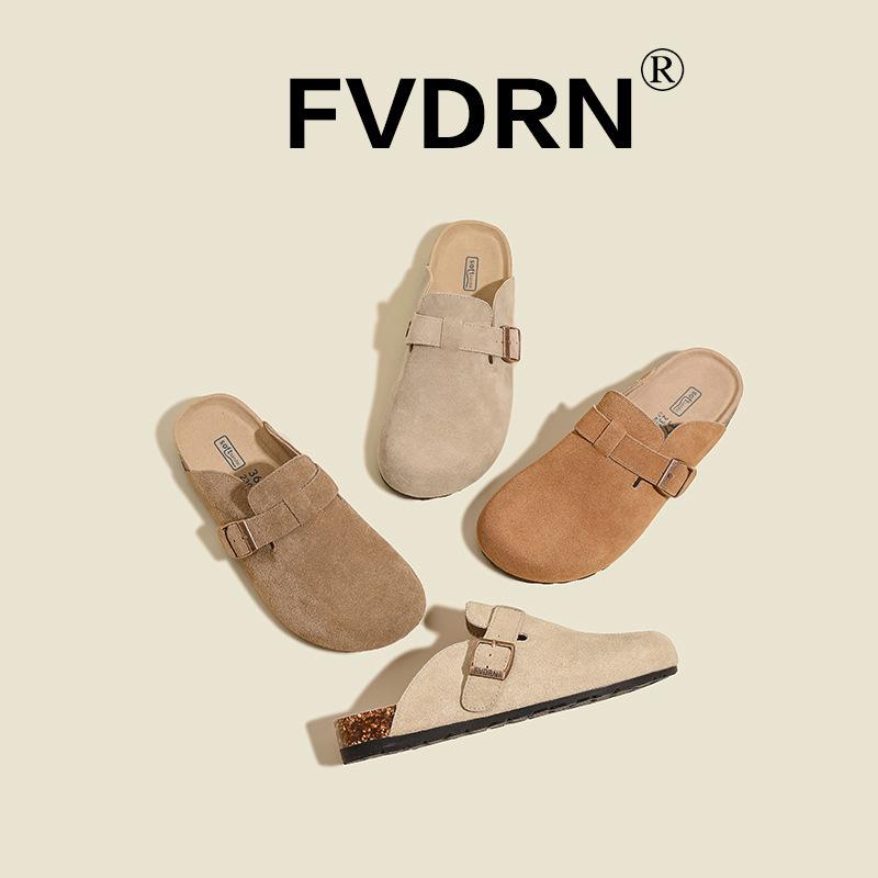 New in autumn and winter, leather cowhide women's shoes, cork heightened platform slippers, flat fishing bag head