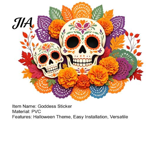 Decorative Holiday Gifts Day of The Dead Window Static Sticker, Flower Skull PVC Sugar Decals Decals, Waterproof Halloween Glass Clings for