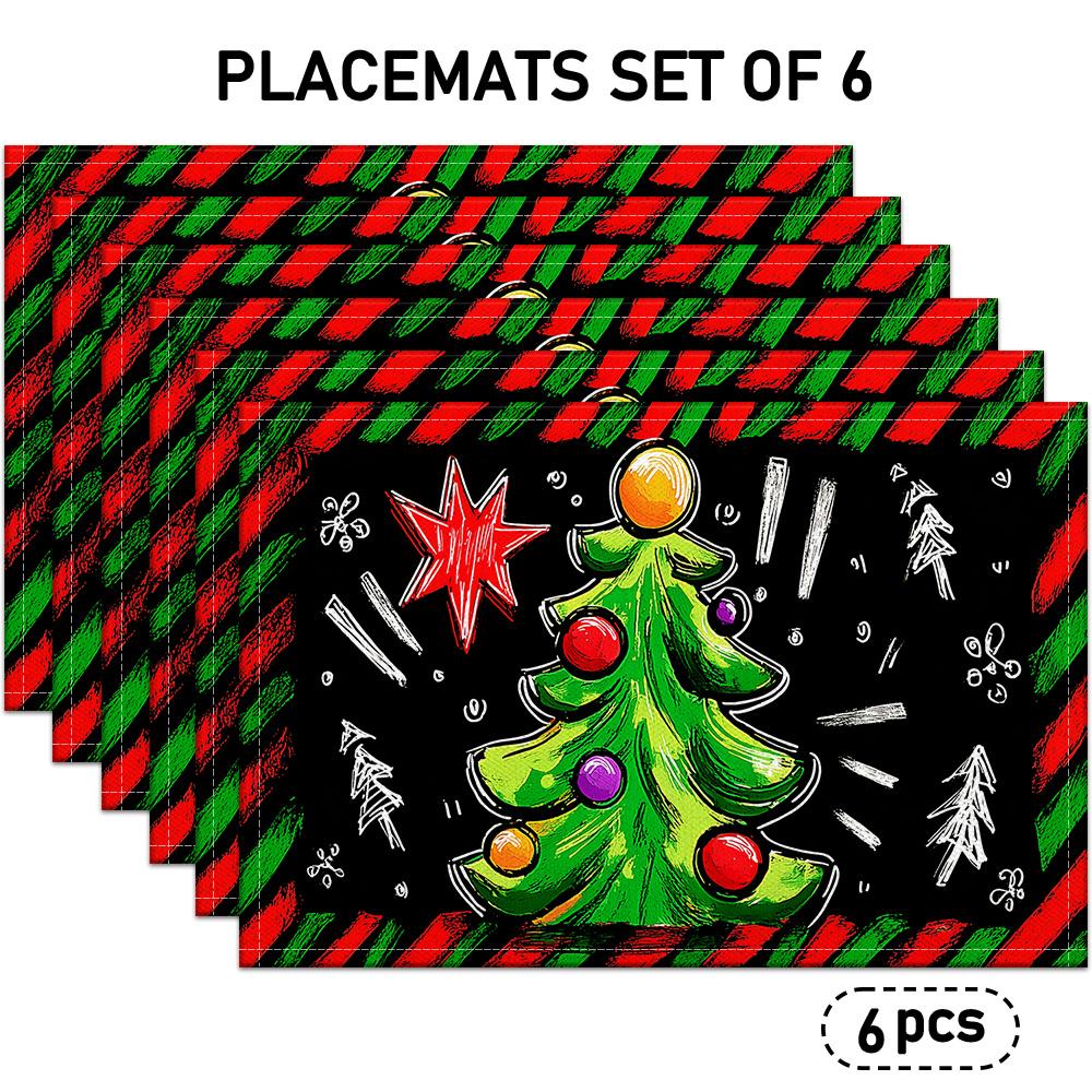 4pcs/6pcs Elegant Christmas Placemats Suitable for Holiday Table Decor - Striped Border with Tree & Star Patterns, Rectangular Dining Table, Hand Wash